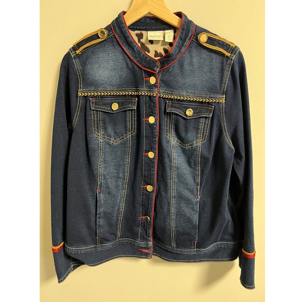 Chicos Zenergy Military Denim Jacket 1  Medium Blue Gold Braid Sun Button Jacket